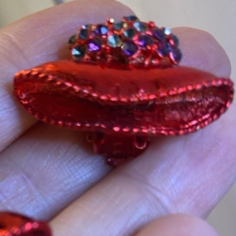 Vintage Red Hat Society Rhinestone Hat Clip-On Earrings Ruby Red Wide Brim